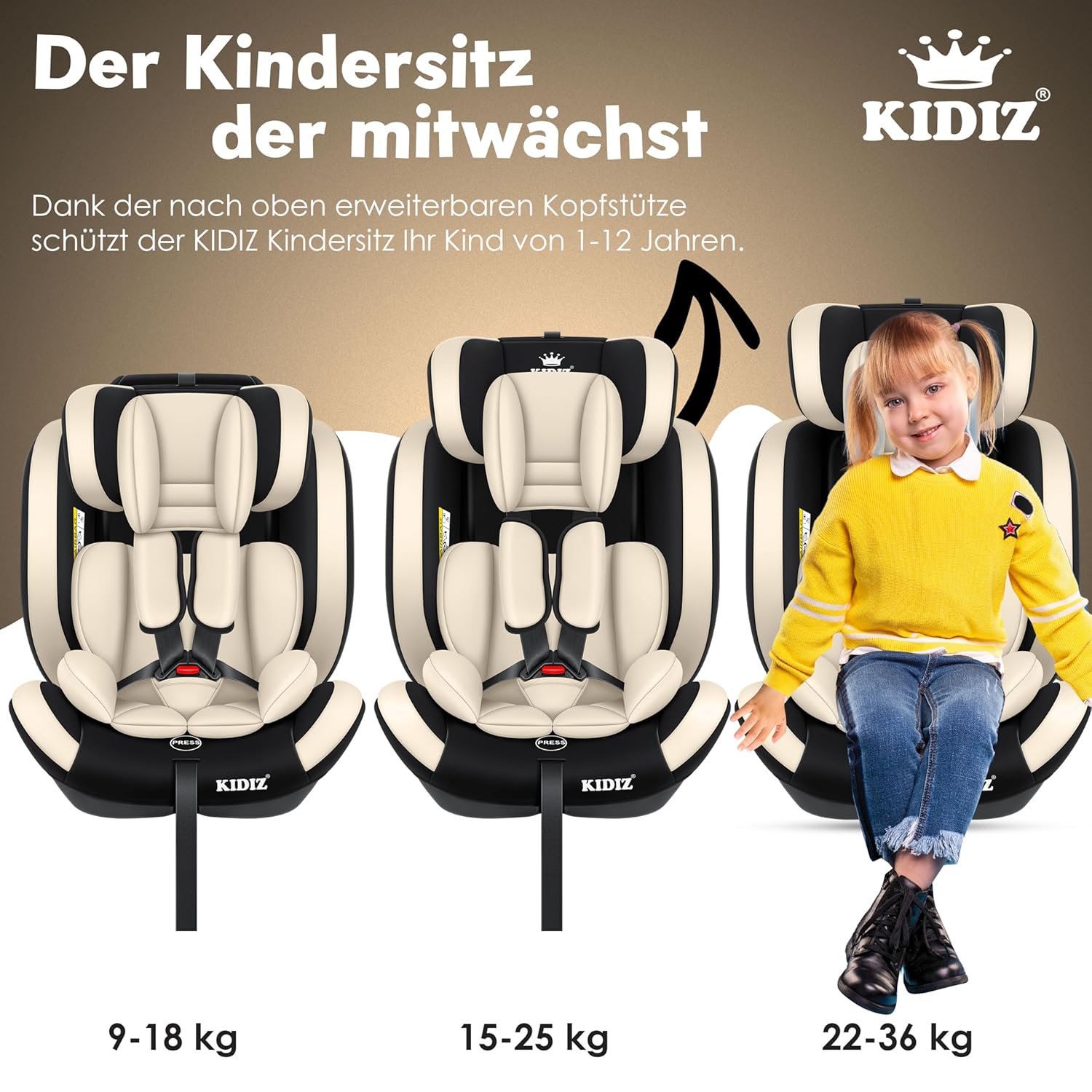 KIDIZ® Autostoeltje - 5-punts veiligheidsgordel - Beige