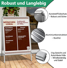 Weerbestendige DIN A1 dubbelzijdig klantenstopper outdoor, reclamedisplay poster staander voor binnen en buiten voor 2 affiches, incl. beschermfolie & met afgeronde hoeken (zilver)