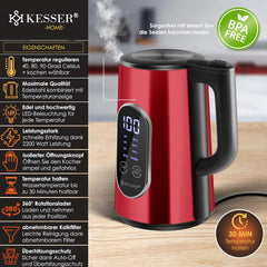 Waterkoker met temperatuurregeling - RVS - met LED - 1.7L - 2200W - Rood •