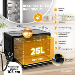 Vrijstaande oven - Hetelucht oven - 25 Liter - 1500W - Zwart - Stilstern