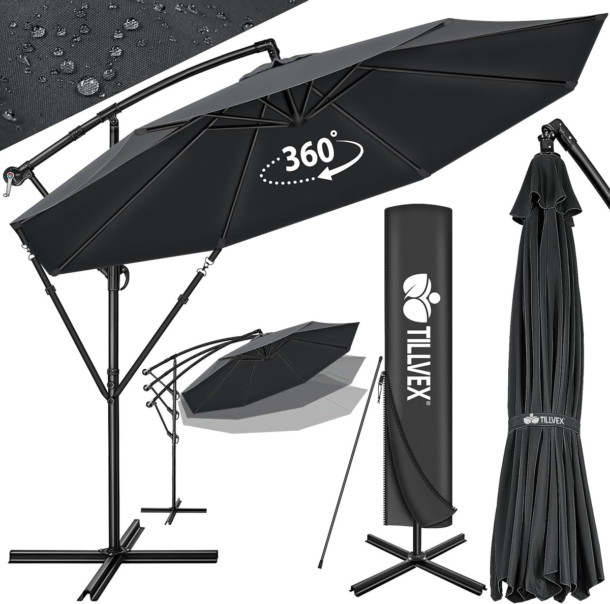 tillvex Aluminium parasol + afdekking Ø 300 cm met zwengel, zweefparasol met standaard en windscherm, tuinparasol, uv-bescherming aluminium, zwengelparasol, waterdicht, 360 graden draaibaar, antraciet