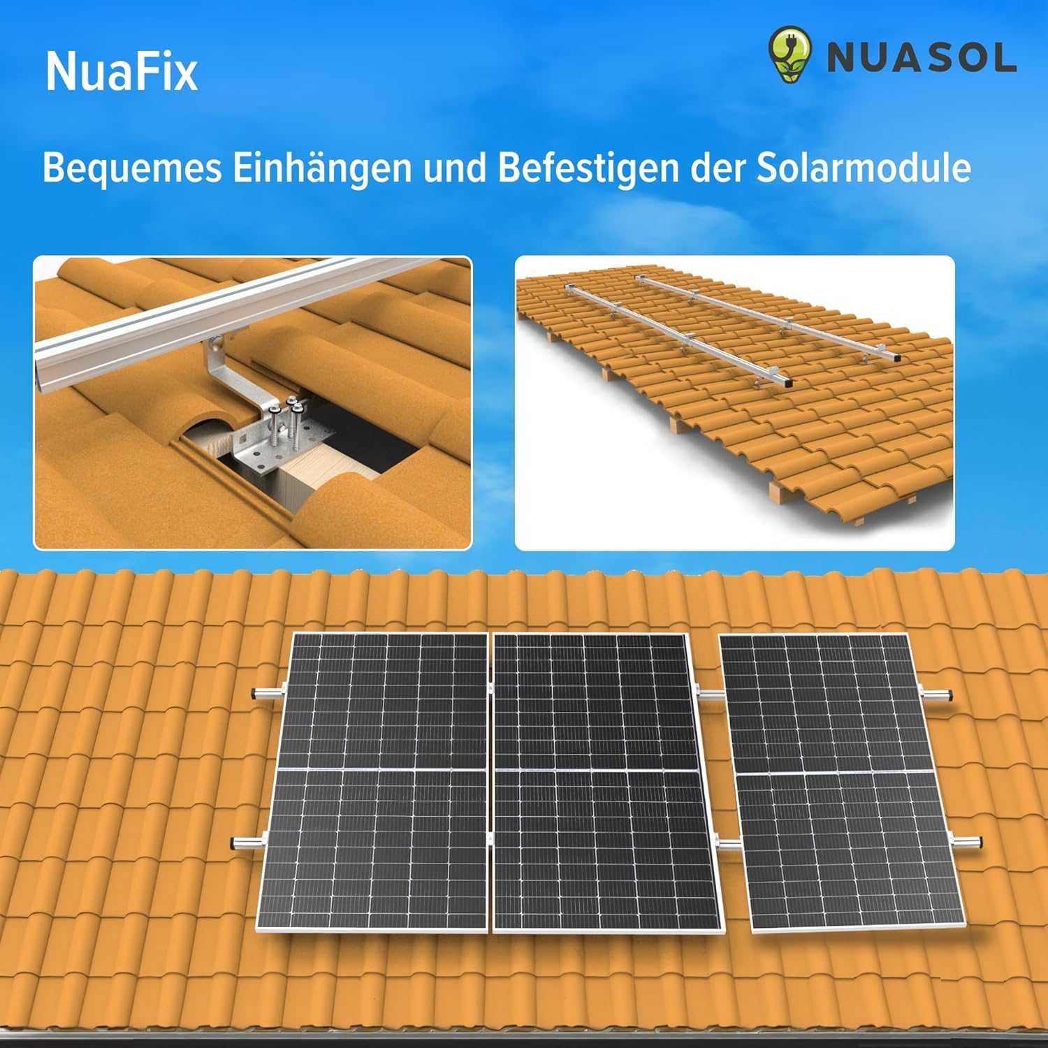 NuaSol Fotovoltaïsche montageset voor baksteendak, bevestiging zonnepaneelhouder met dakhaak, zonnepaneelhouder met eindklem en middenklem, 35 mm