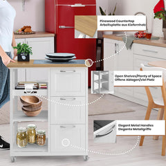 MIADOMODO® Keukenwagen op wielen - 3 laden, 3 niveaus, werkblad, hout/MDF, 67x37x87cm, wit - serveerwagen, rolwagen, keukentrolley, keukenkast landhuisstijl, bijzetwagen, keukenrek