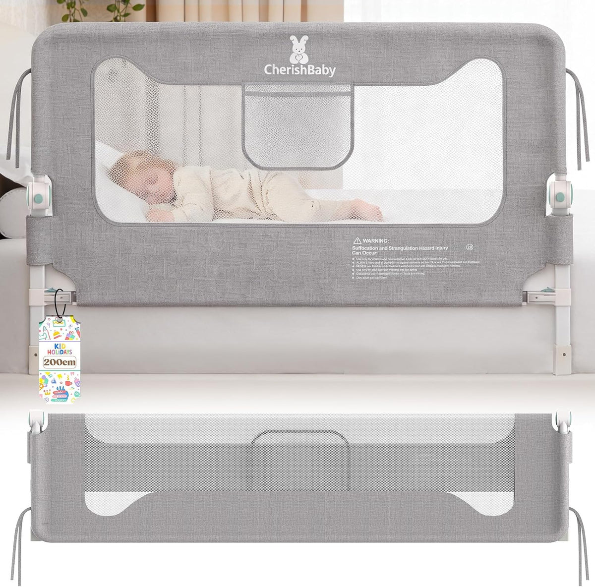 Valbescherming voor boxspringbed, valbescherming bed, 200 cm, bedhek voor baby's en kinderen, bedhek, valbescherming, inklapbaar 180 graden, in hoogte verstelbaar, luchtig net, stabiel, kinderbedhek, grijs