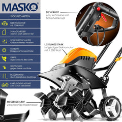 MASKO® elektrische motorhak 1500 Watt | 45 cm werkbreedte 20 cm werkdiepte | grondhak | akkerfrees landbouwer tuinfrees | elektrische hak | inklapbare handgreep | metalen behuizing | transportwielen