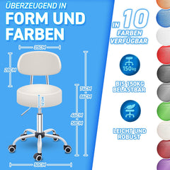 Zadelkruk - Kruk op wielen - Rolkruk - Draaikruk - Met rugleuning - Wit - TRESKO