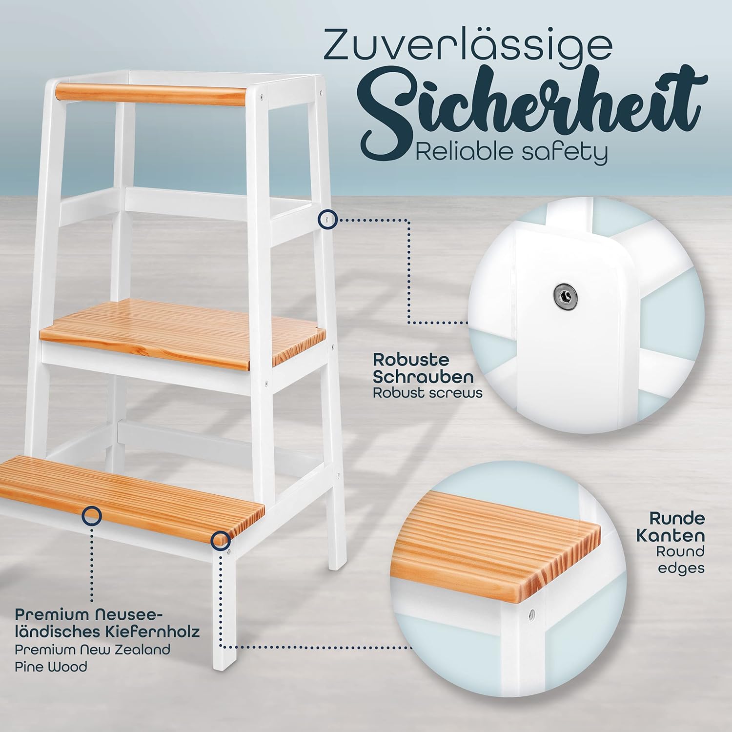 KIDUKU® Leertoren van hout, kinderkruk voor kinderen vanaf de staande houder, leertoren voor de hoogste veiligheid, leertoren voor meisjes en jongens (wit/hout, natuurlijk)
