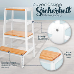 KIDUKU® Leertoren van hout, kinderkruk voor kinderen vanaf de staande houder, leertoren voor de hoogste veiligheid, leertoren voor meisjes en jongens (wit/hout, natuurlijk)