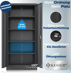 KESSER® Dossierkast afsluitbaar met vleugeldeuren 180x80x40cm | kantoorkast van staal met 4 in hoogte verstelbare planken | multifunctionele kast 5 flexibele vakken, max. 40 kg per vak, incl. 2