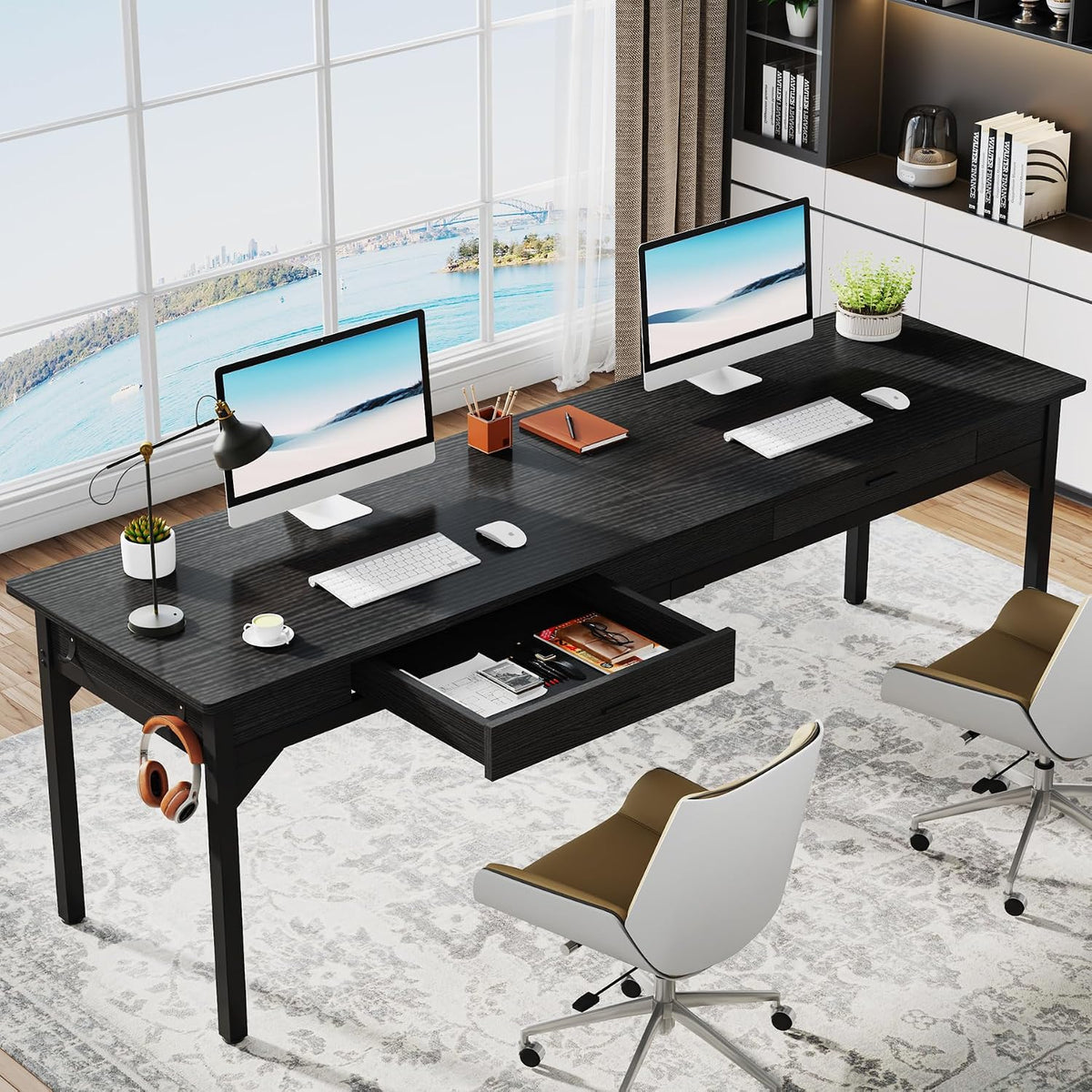 Tribesigns Bureau, computertafel, 200 x 60 x 82 cm, dubbel lang bureau met 2 laden, pc-tafel, werktafel, eettafel, kantoormeubels, computertafel voor thuiskantoor, zwart