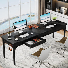 Tribesigns Bureau, computertafel, 200 x 60 x 82 cm, dubbel lang bureau met 2 laden, pc-tafel, werktafel, eettafel, kantoormeubels, computertafel voor thuiskantoor, zwart