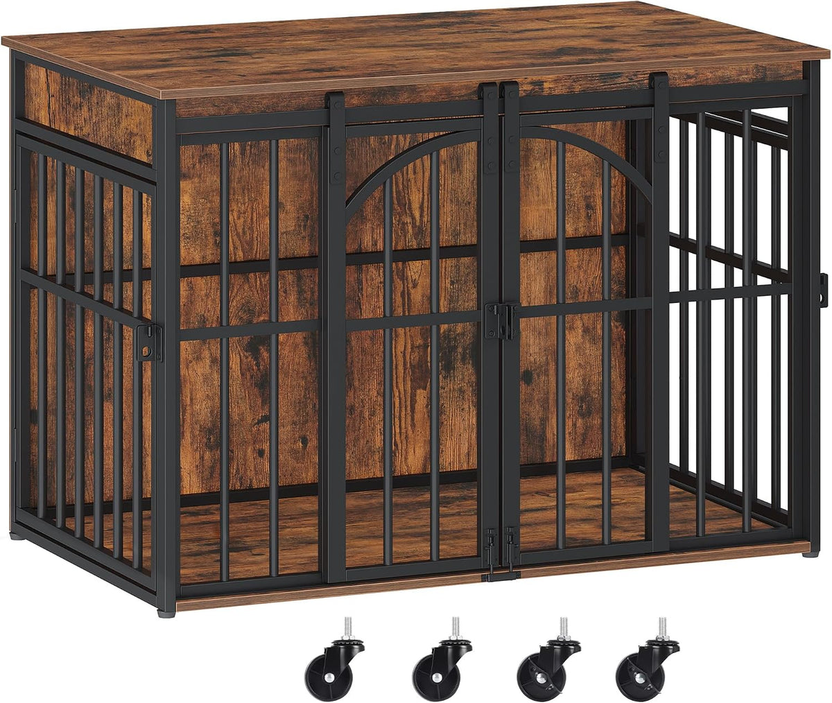 Hzuaneri Hondenbench, meubel met 360° draaiwielen, L hondenbox met schuifdeur, moderne houten hondenkooi voor kleine en middelgrote honden voor binnen, vintage bruin DFC86201B