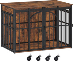 Hzuaneri Hondenbench, meubel met 360° draaiwielen, L hondenbox met schuifdeur, moderne houten hondenkooi voor kleine en middelgrote honden voor binnen, vintage bruin DFC86201B