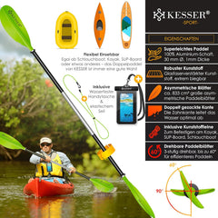 Dubbele paddel, 4-delig, voor kano, kajakken, SUP, stand-up paddling board, steekpeddel, 228 cm aluminium, super licht, voor opblaasbare boot, stand-up peddel, kajakken, surfboard, boot - KESSER®