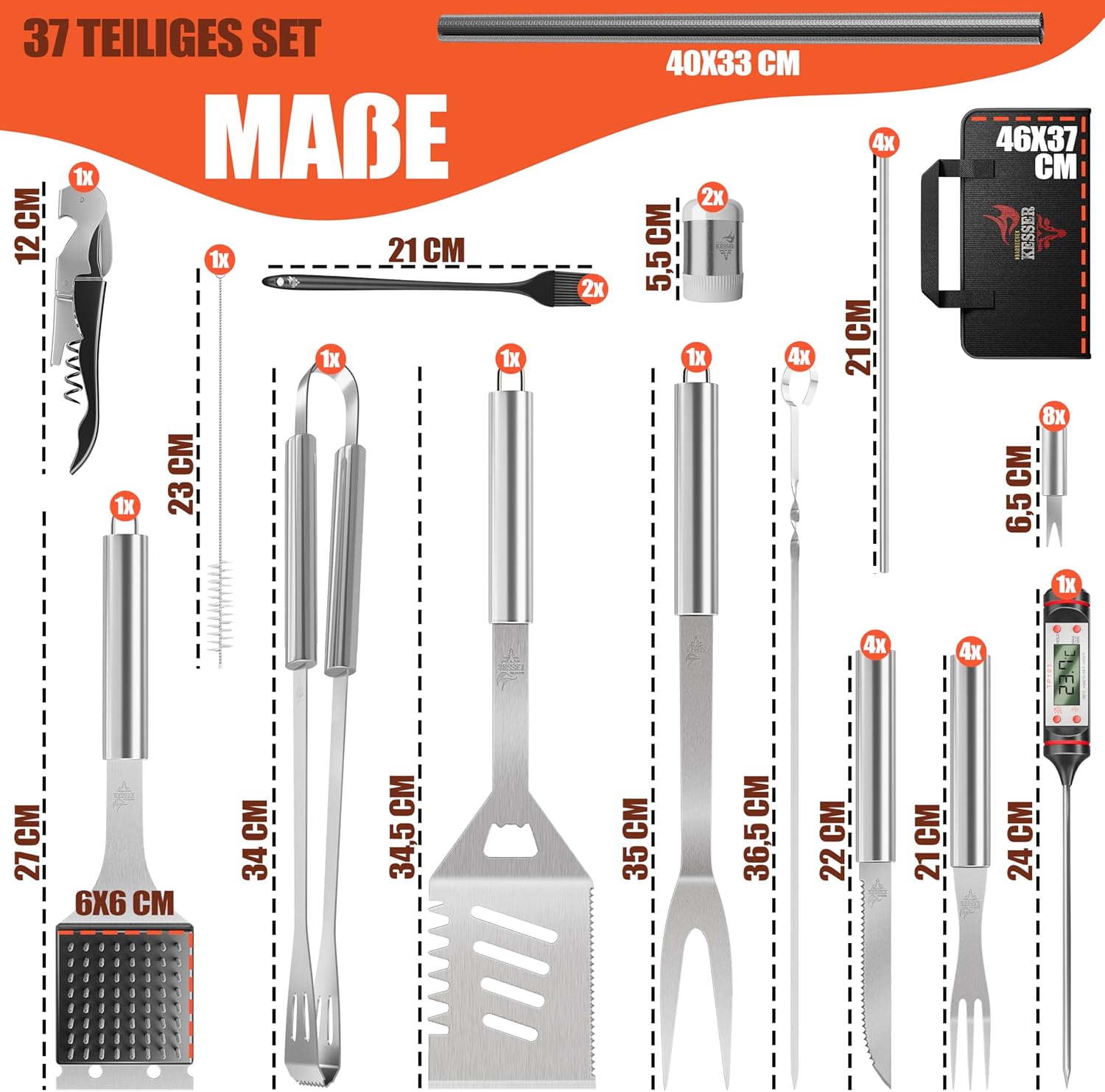 KESSER® Barbecuebestekset, 37-delig, van roestvrij staal, grillset met grilltang, grillspatel, grillvork, grillspies, thermometer, kurkentrekker, grillmat en tas