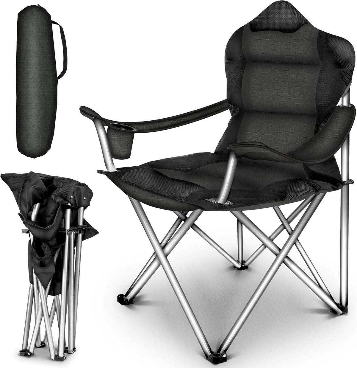 Tresko Opvouwbare campingstoel, belastbaar tot 150 kg, met armleuningen en bekerhouder, zwart