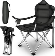 Tresko Opvouwbare campingstoel, belastbaar tot 150 kg, met armleuningen en bekerhouder, zwart
