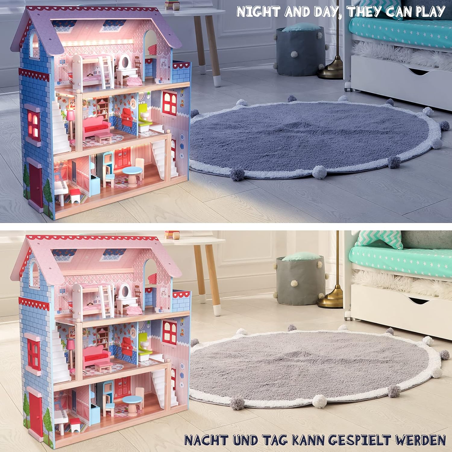 Houten XL Poppenhuis (60x70x30cm) - voor 13cm poppen - LED