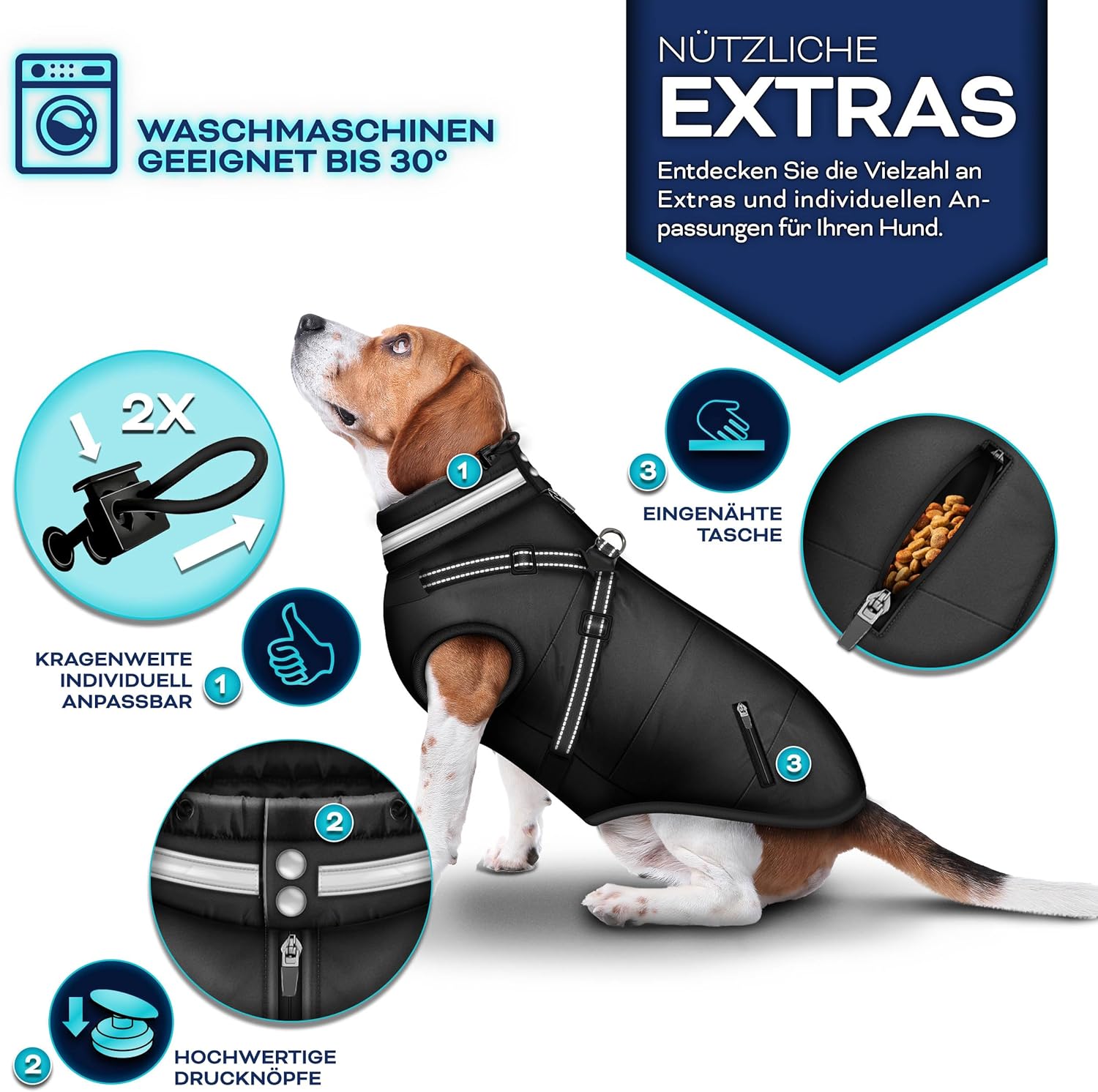 TRESKO® Hondenjas voor de winter, met reflectoren, incl. 15 stuks, poepzakken + dispenser, waterdichte hondenjas met harnas, gevoerd hondenvest (M, zwart)