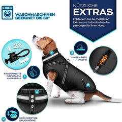 TRESKO® Hondenjas voor de winter, met reflectoren, incl. 15 stuks, poepzakken + dispenser, waterdichte hondenjas met harnas, gevoerd hondenvest (XL, zwart)