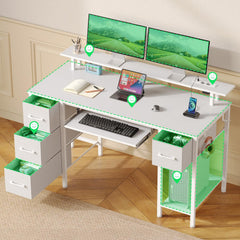 Rolanstar Bureau met laden, 120 x 47 cm, gamingtafel met stopcontact, led- en monitorstandaard, computertafel met toetsenbordplank, gamingbureau voor thuiskantoor, woonkamer, wit