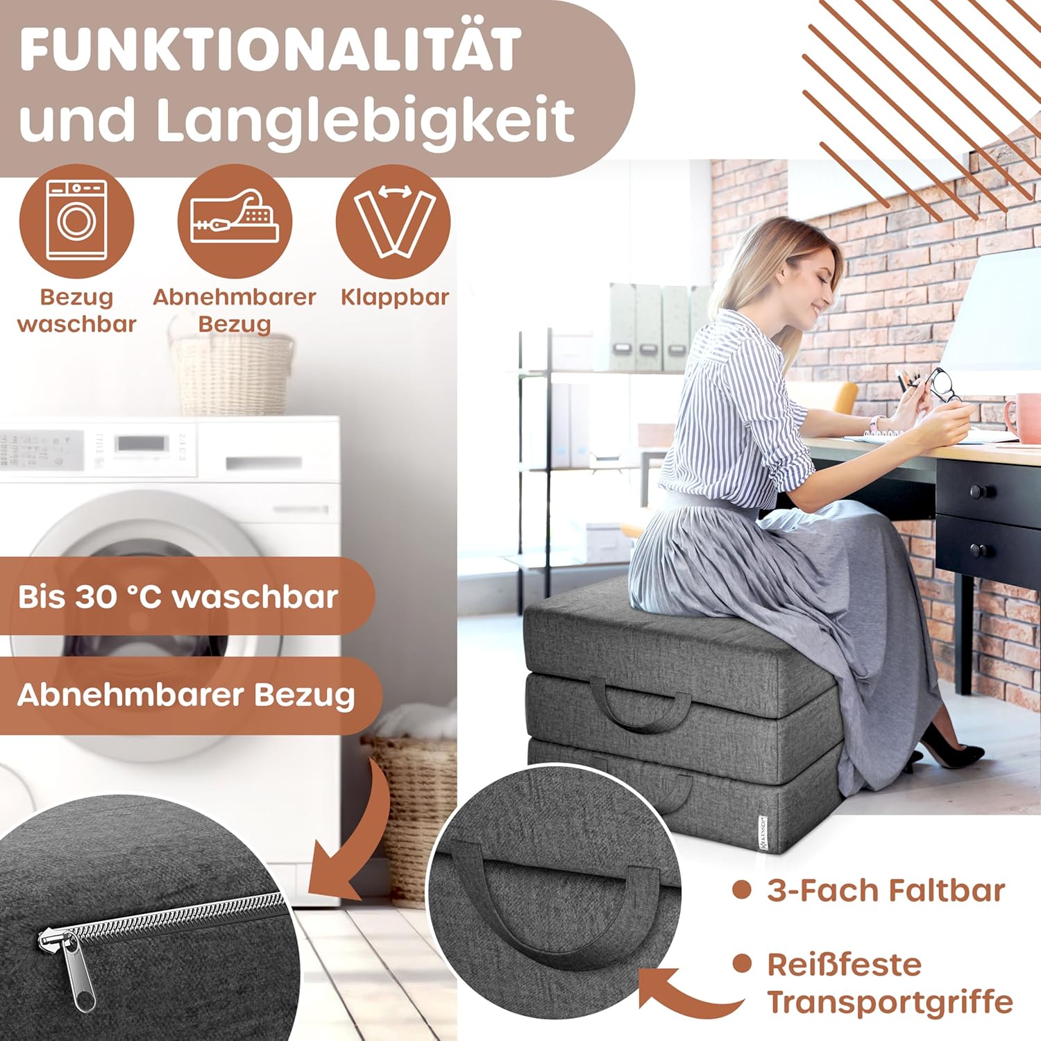 KESSER® Vouwmatras, 90 x 200 x 15 cm, gastenmatras, 3-voudig opvouwbaar, voor zitkruk, vouwmatras, schuimrubber, 25 kg/m³, extra dik, 15 cm, ademend, wasbaar, afneembare overtrek
