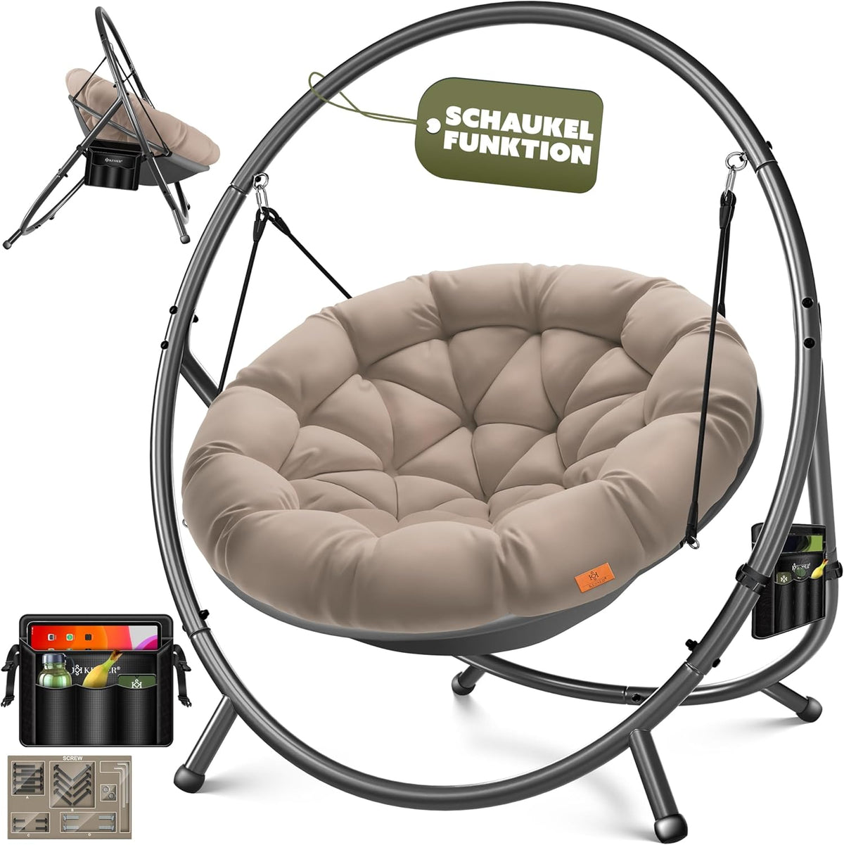 KESSER® Hangstoel met frame Bali hangschommel, hangstoel tot 150 kg, voor binnen en buiten, inclusief kussen en zijtas, hangmand, stalen frame en schuimrubberen zitkussen
