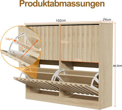 UEV Schoenenkast met 4 kleppen, hout, smalle schoenenkast, schoenenkast met kantelbeveiliging, schoenopslag, halcommode, schoenenrek, hal, verstelbare scheidingswanden voor verschillende soorten
