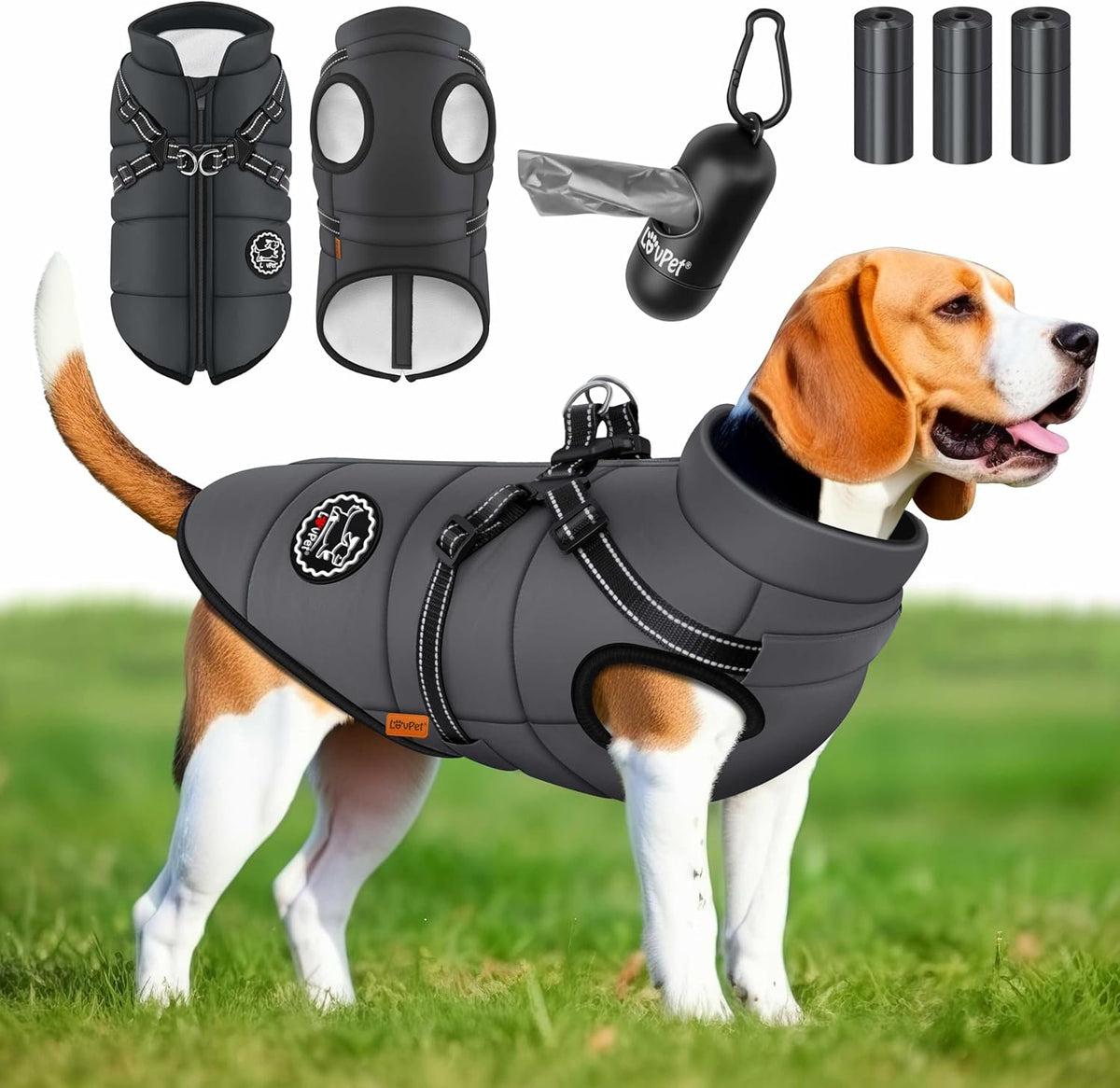 LOVPET Hondenjas, hondenjas met harnas, incl. 45 stuks poepzakken + dispenser, gevoerd wintervest, waterdicht, gevoerd vest met borstriem, reflectoren, D-ring 3XL, antraciet