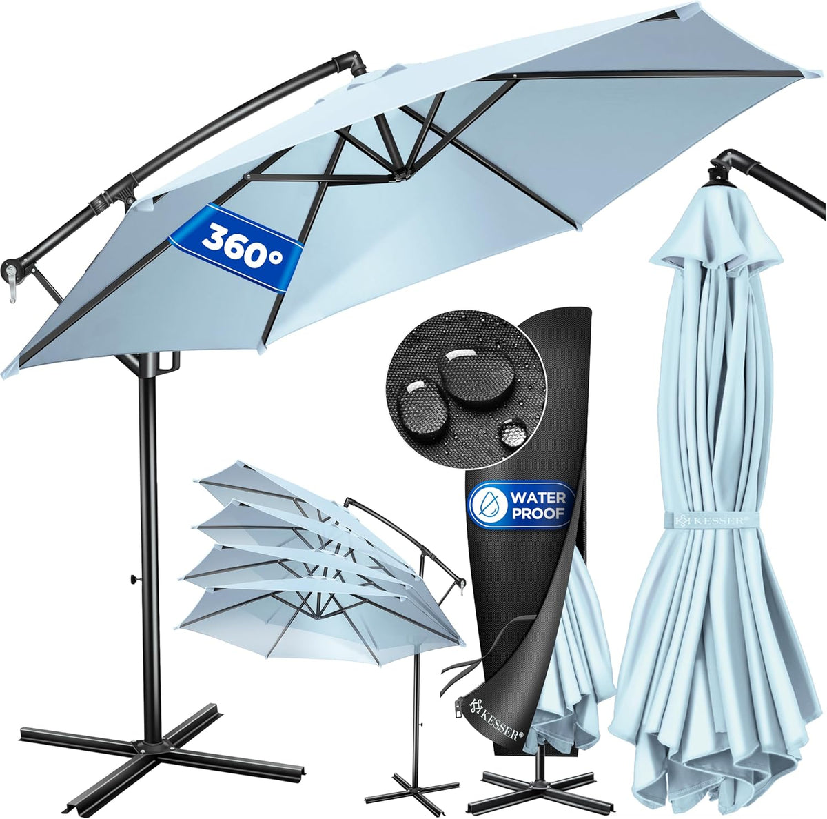 KESSER® Zweefparasol met voet  - Ø3m - 360° Draaibaar  - Lichtblauw