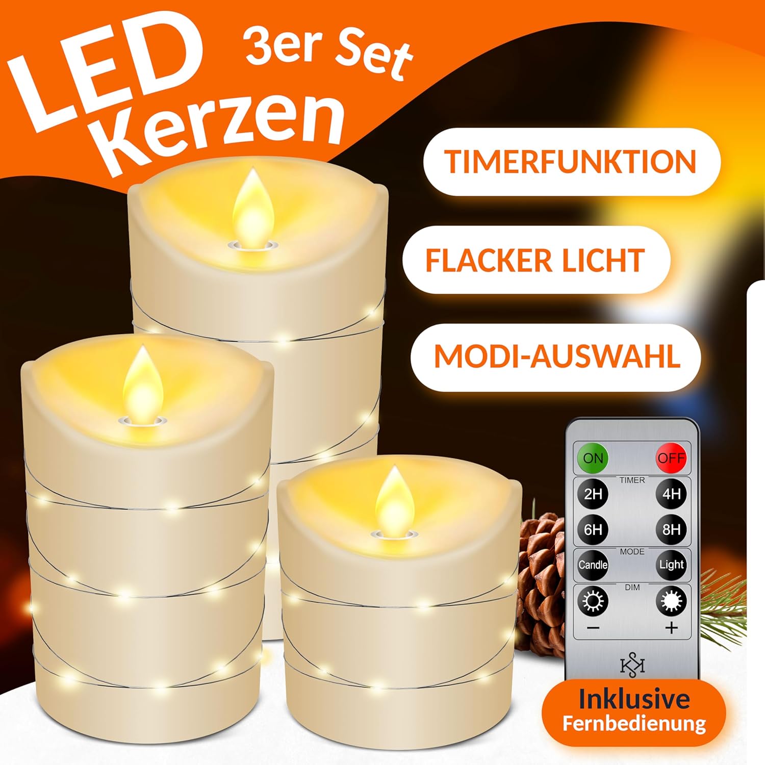 KESSER® Led-kaarsen, 3-delige set, vlamloze kaarsen, timerfunctie, timer, echte waskaars, 10 cm, 12,5 cm, 15 cm hoog, realistisch flikkerend licht, led-vlammen, echte was, decoratie, traditioneel