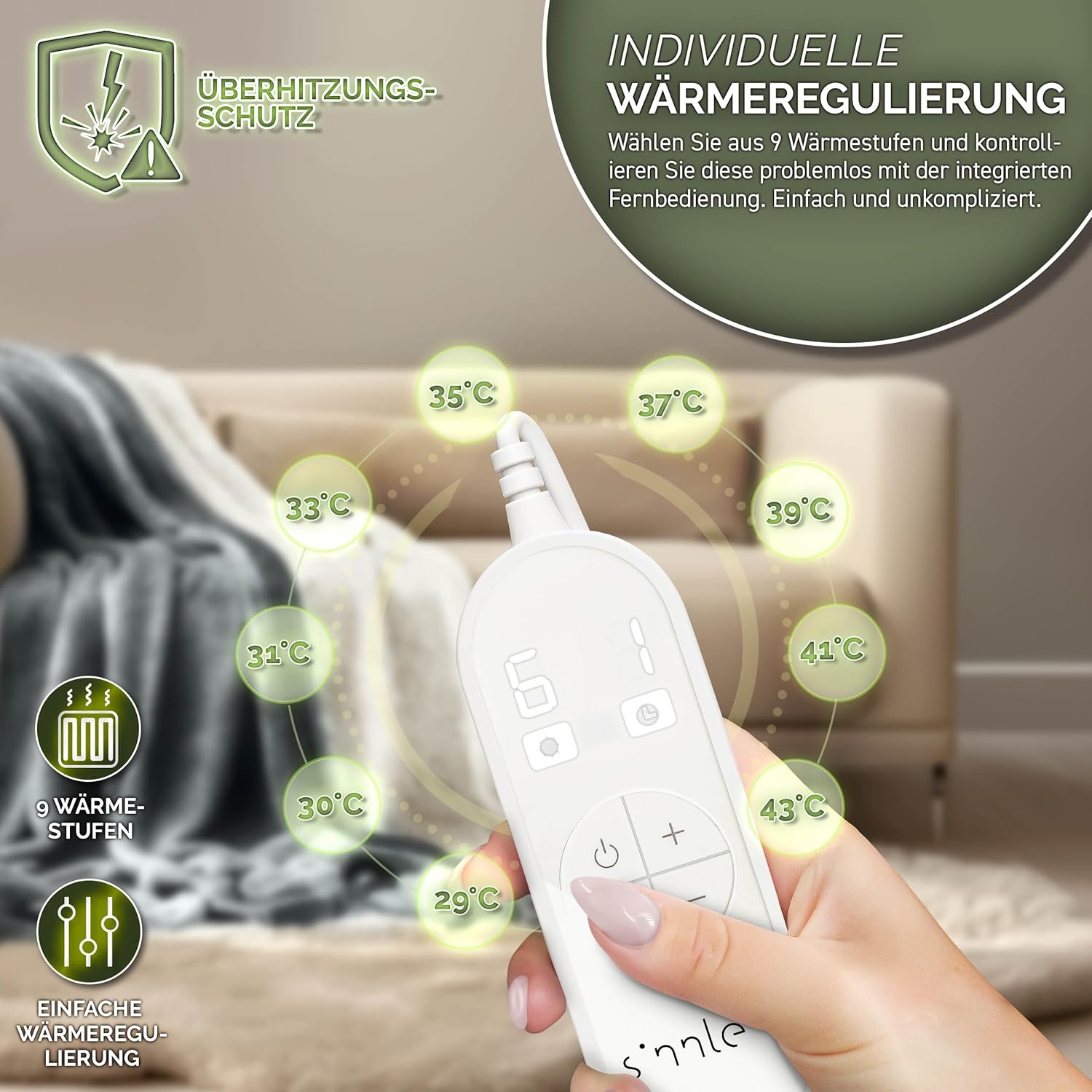 sinnlein® Elektrische deken met automatische uitschakeling, 200 x 180 cm, elektrische warmtedeken met 9 temperatuurniveaus, knuffeldeken, wasbaar, bed, bank, elektrische deken, met