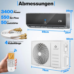 KESSER® Split airconditioning set Quick Connect – WiFi & app airconditioner met verwarmingsfunctie & koelmodus wandairconditioning, met koperen leiding 12000 BTU 3,4 kW koelmiddel R32 incl