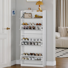HEXCELEN Schoenenkast smal met 3 klapdeuren, schoenenkast, smal, hoog, met 1 drop-down-opslag, tot 18 paar schoenen, verstelbare legplanken, voor gangen, ingang, 60 x 24 x 145 cm, wit