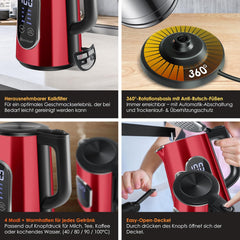 Waterkoker met temperatuurregeling - RVS - met LED - 1.7L - 2200W - Rood •