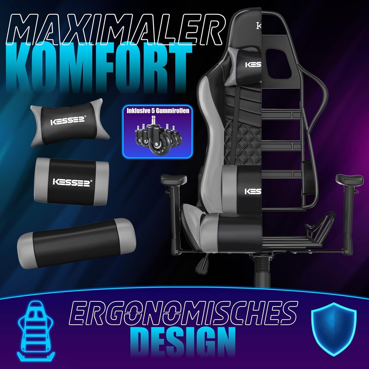 KESSER® Gamingstoel - Bureaustoel - Draaibaar - Zwart