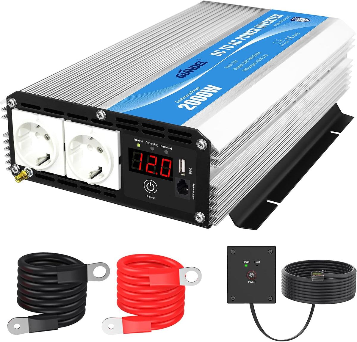 GIANDEL 2000 W gemodificeerde golf omvormer 12 V naar 230 V spanningsomvormer omvormer omvormer converter met afstandsbediening en led-display 2 AC-stopcontacten & USB voor camper