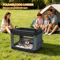 Hondenbox, opvouwbaar, 3-deurs transportbox voor honden, 60 x 42 x 42 cm, draagbare hondentas met reflecterende strepen en zakken, Oxford-stof, de mat is afneembaar, grijs, FPDT005OG1