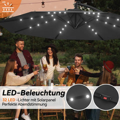 Froadp Ø3 m parasol met LED-verlichting, aluminium cantilever parasol met draaimechanisme, UV-bescherming 40+, terrasparasol, strandparasol, tuinparasol met standaard, donkergrijs, marktparasol voor tuin, balkon, terras •