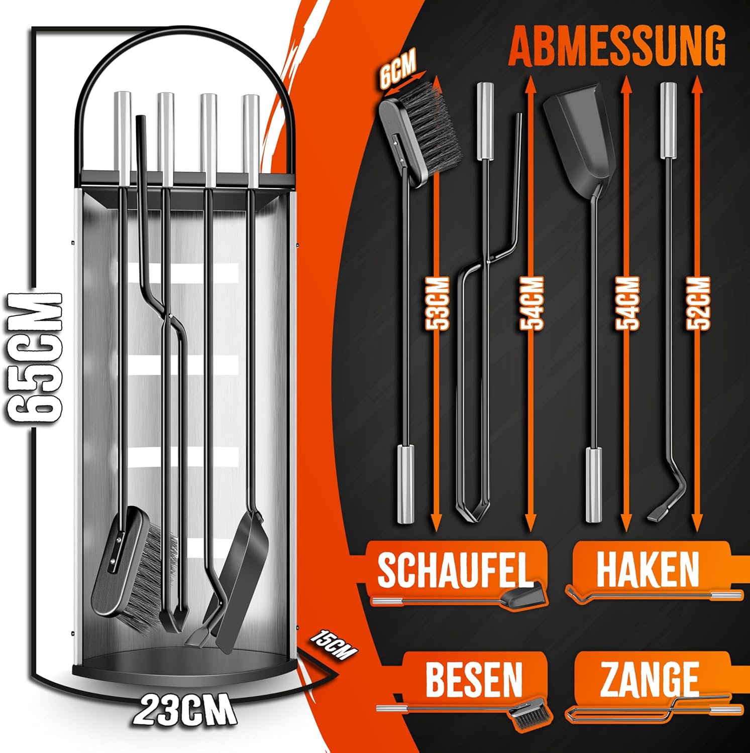 KESSER® Haardaccessoires, 5-delige haardbestek, modern design, gecoat, hoogwaardig haardgarnituur uit 5 delen: bezem, schep, pookhaak, tang, standaard met zichtbescherming, roestvrij staal, zilver