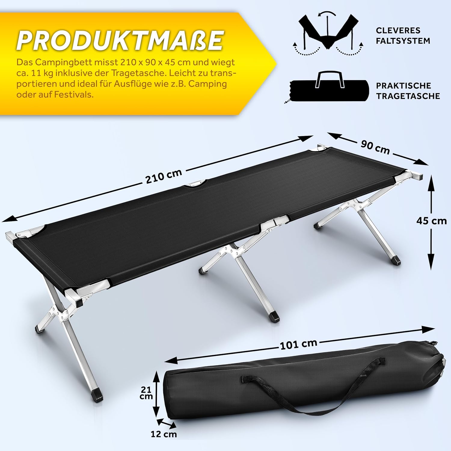 Veldbed - 1 Persoons - Kampeerbed - Stretcher - Zwart - TRESKO®