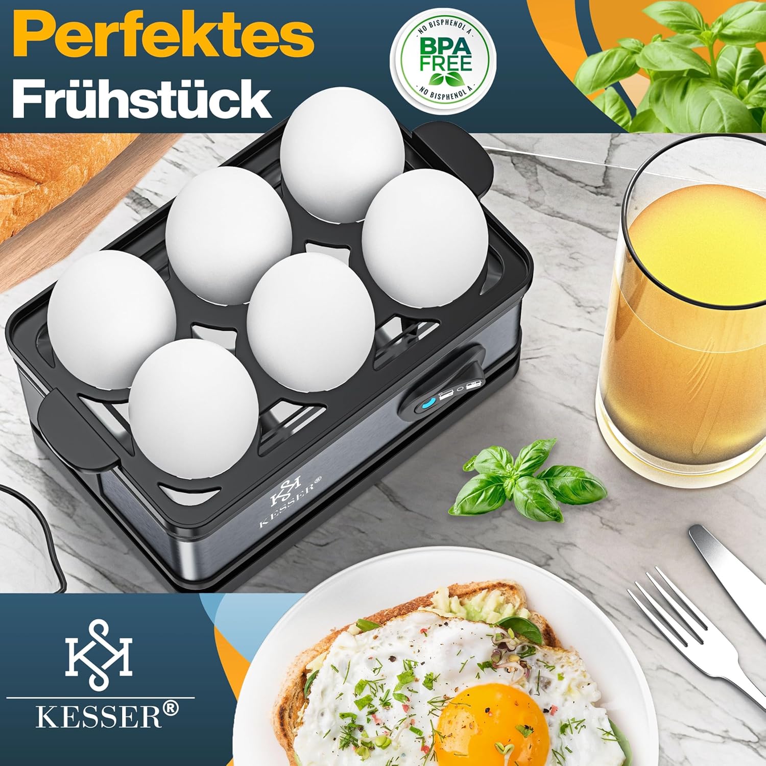 KESSER® Eierkoker voor 1 tot 6 eieren, elektrisch van roestvrij staal, 400 W met warmhoudfunctie, tuimelfunctie, drie hardheidsgraden, BPA-vrij en vaatwasmachinebestendig, maatbeker en 2 x