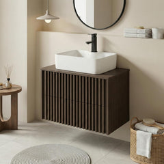 UEV Wastafelonderkast voor gastentoilet/kleine badkamer, wastafel klein 81 cm, badkamerkast, badkamerkast, wastafelonderkast hangend, wastafel voldoende opbergruimte ruimtebesparend, donkerbruin, zonder wastafel