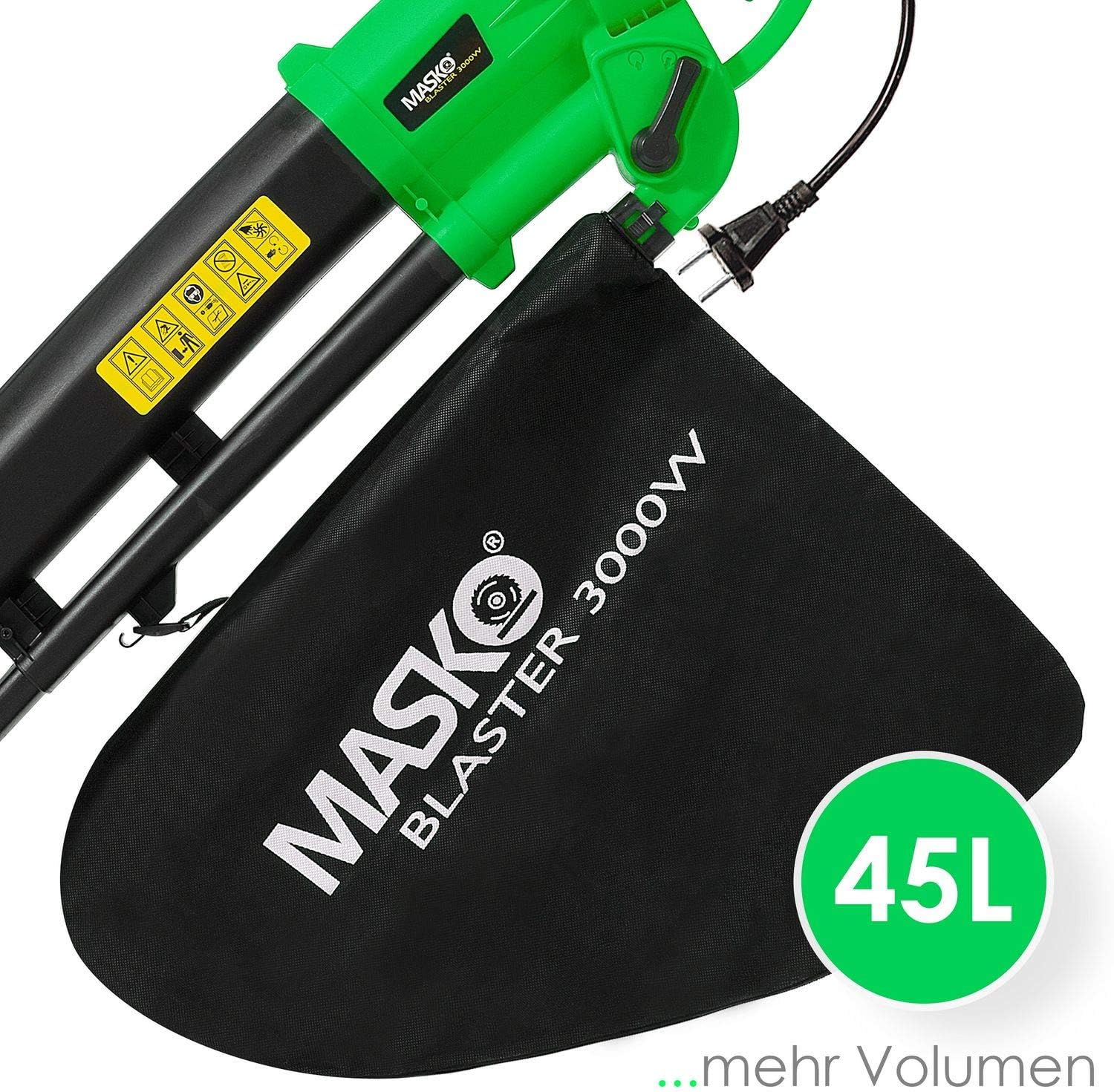 Masko® elektrische bladzuiger, 3-in-1, 3000 W, schouderriem en wielen, opvangzak 45 l, bladblazer, tuinzuiger, tuinblazer, groen