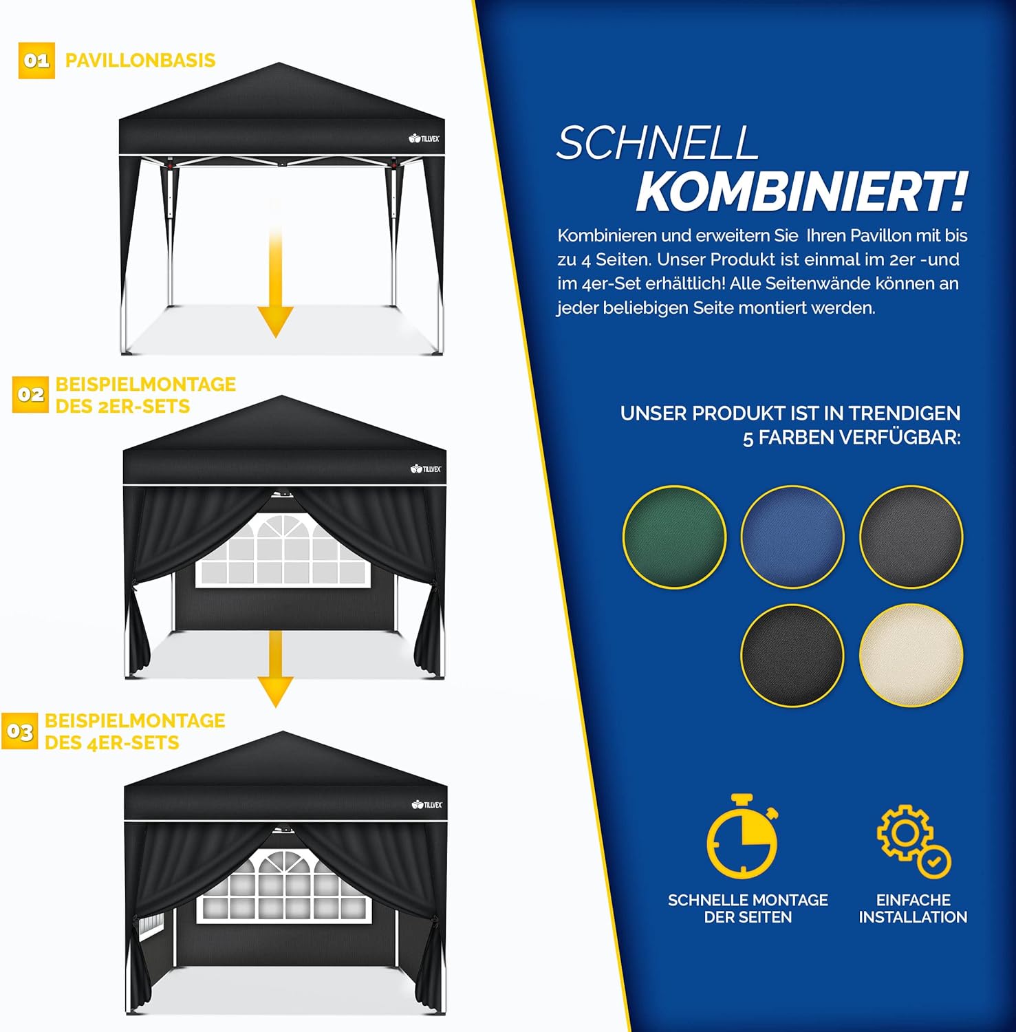 Tillvex® Zijwand voor paviljoen - 3x3m - Grijs