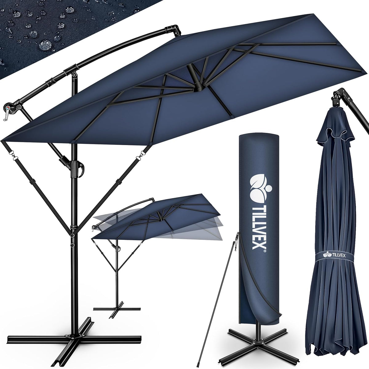 Zweefparasol - Tuinparasol - Parasol 235x235 cm - Met voet - Met Parasolhoes - Blauw - Tillvex