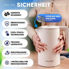 Stillstern Waterkoker met roestvrijstalen filter, PFAS- en PTFE-vrij, 1,7 l - 2200 W, waterkoker met precisie-uitloop en anti-vingerafdrukcoating, snel opwarmen, theekoker camping, matte afwerking, beige