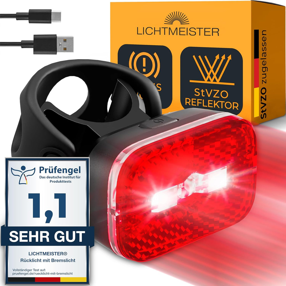 Achterlicht fiets met reflector en remlichtfunctie, fietsachterlicht met StVZO-goedkeuring, fietslicht achter, fietsachterlicht, led-fietsachterlicht, fietsremlicht