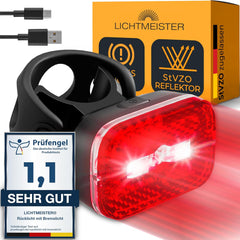 Achterlicht fiets met reflector en remlichtfunctie, fietsachterlicht met StVZO-goedkeuring, fietslicht achter, fietsachterlicht, led-fietsachterlicht, fietsremlicht