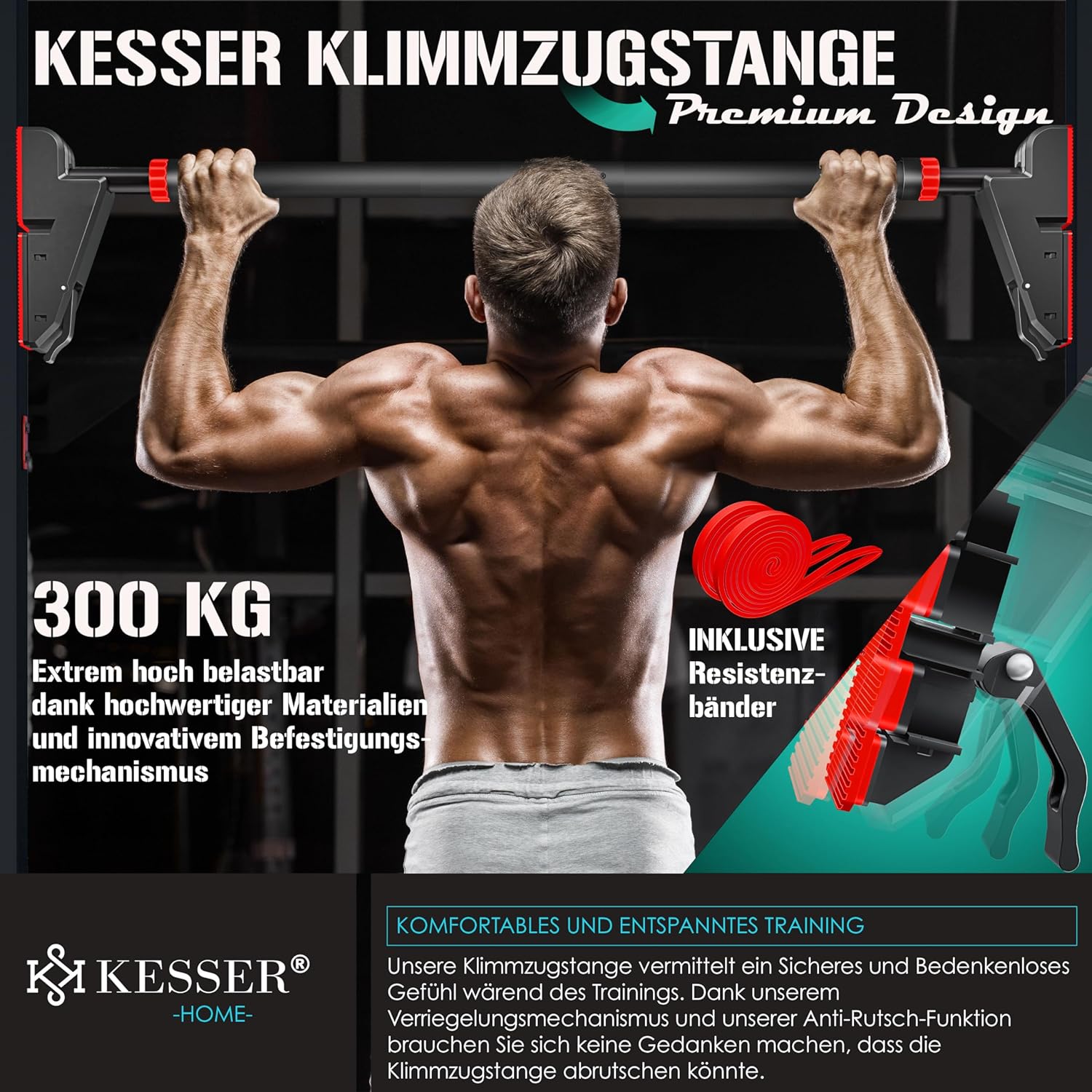 KESSER® Optrekstang, deurkozijn, verstelbaar, pull-up bar, thuistrainer, rekstang zonder schroeven/boren, 76-112 cm uittrekbaar, draagvermogen tot 300 kg & antislip handgrepen, incl. weerstandsbanden